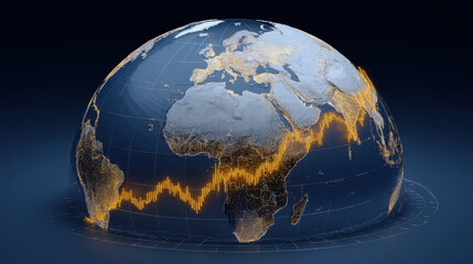 3D globe illustration showcasing detailed map of Earth with highlighted continents and dynamic graph overlay representing data trends. visual conveys sense of global connectivity and data analysis