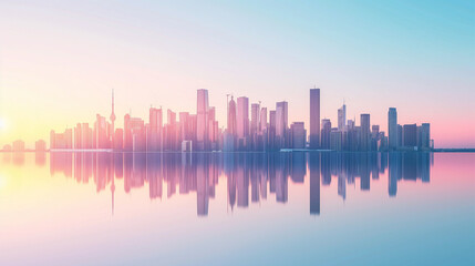 Obraz premium Futuristic city skyline with sunrise reflection