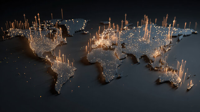 Digital world map illuminated with glowing dots and arrows, representing data flow and connectivity across continents. visual conveys sense of global networking and technological advancement