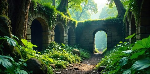 Overgrown ruins reclaimed by lush rainforest vegetation; ancient stones half-hidden by vibrant green foliage, sunlight filtering through the canopy , humid, vines