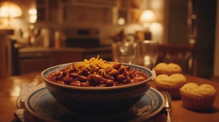 Fototapeta premium Warm Bowl of Chili with Cheese in Cozy Kitchen Setting at Night