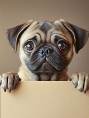 Cute pug dog with a blank billboard