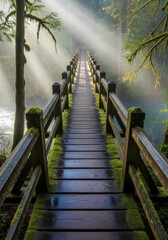 Misty forest bridge surrounded by sunlight beams and greenery near a tranquil river at dawn