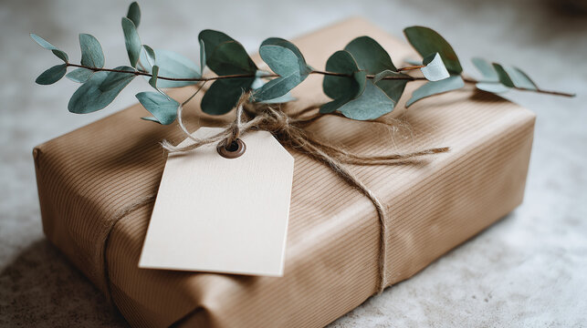 A simple gift wrapped in brown paper, tied neatly with string, and adorned with a blank tag.
