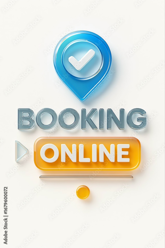 Poster 3d rendering of the word booking in silver letters with a blue location pin and online button