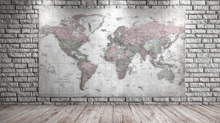 Fototapeta premium World Map on Textured Wall with Wooden Floor and Rustic Atmosphere