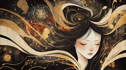 Virgo’s maiden drawn as an abstract curve resembling a flower, with subtle gold highlights. 