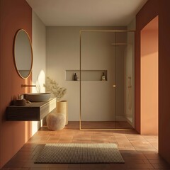 bright Product visualization of frameless glass shower wall in warm minimalist bathroom Square composition Clear glass partition separating walkin shower no c