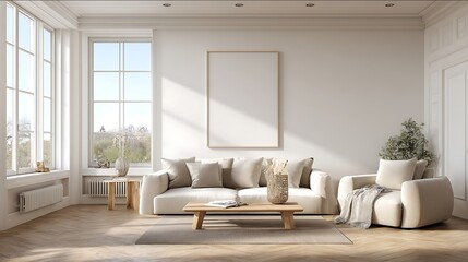 a bright modern living room with white walls and soft natural lighting minimal Scandinavian decor empty space on the main wall for hanging art clean wooden fl