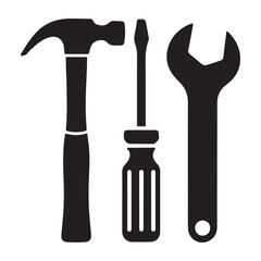Set of Work Tools Silhouette, Hammer, Screwdriver, Wrench. Vector black silhouette. with white background