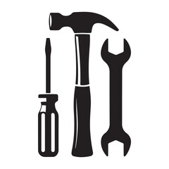 Set of Work Tools Silhouette, Hammer, Screwdriver, Wrench. Vector black silhouette. with white background