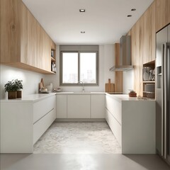 por favor crear un render de una cocina de 263 x 404 metros de diseno moderno y minimalista con tonos blancos y madera clara la cocina tiene piso calcareo est