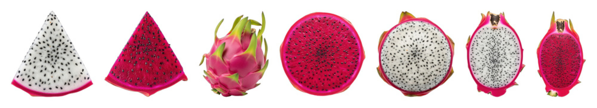 Dragon fruit set including whole, halved, and sliced red and white pitayas isolated. Healthy tropical fruit collection.
