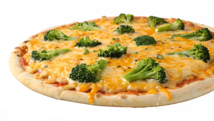 Broccoli and cheddar pizza with golden melted cheddar cheese and broccoli florets, white background, no text