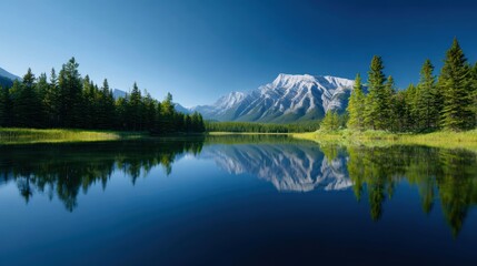 A serene mountain lake reflecting snow-capped peaks and pine trees under a clear blue sky at dawn