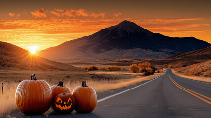 Halloween pumpkins on empty country road at sunset with mountain view, autumn landscape and festive spooky mood.