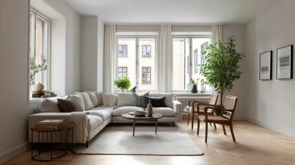 Fototapeta premium Scandinavian-style living room with neutral tones and wood