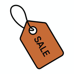 Hand drawn illustration of a rustic brown sale tag with a string loop and the word sale written in black