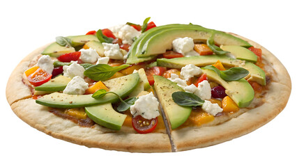 California style pizza with avocado slices, goat cheese, fresh veggies, white background, no text