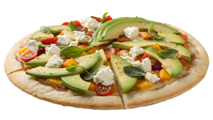 California style pizza with avocado slices, goat cheese, fresh veggies, white background, no text