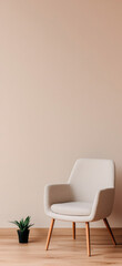 Minimalist and cozy interior featuring beige armchair with wooden legs, complemented by small eco friendly indoor plant in black pot, set against warm neutral wall