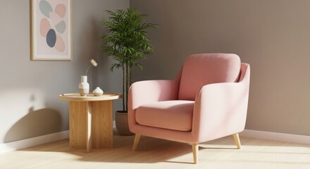 Pink armchair next to a wooden side table with vases and a plant living room interior