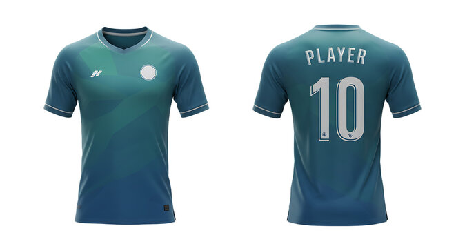 Blank Soccer Jersey Mockup, Front and Back View with Player Name and Number 10, Teal and Blue Gradient, Transparent Background