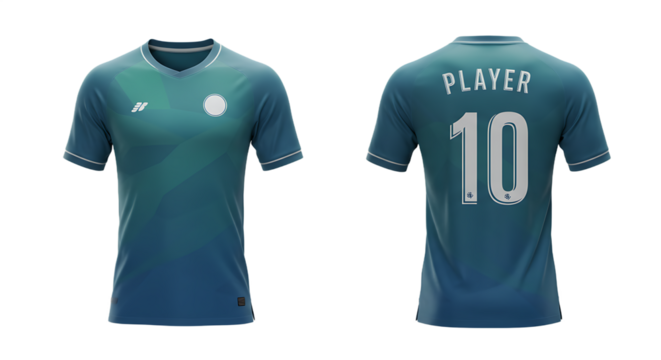 Blank Soccer Jersey Mockup, Front and Back View with Player Name and Number 10, Teal and Blue Gradient, Transparent Background