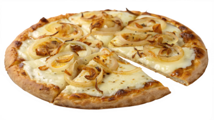 Caramelized onion and brie pizza with golden onions, brie cheese, white background, no text
