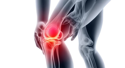  an illustration of knee pain with an x-ray view showing the joint, on a white background,