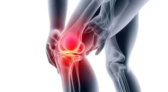  an illustration of knee pain with an x-ray view showing the joint, on a white background,
