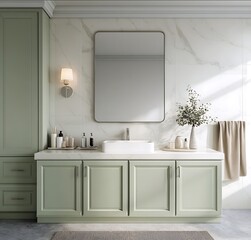 A bathroom with light green cabinets a white countertop and sink a mirror hanging on the wall front view product photography soft lighting clean background cl