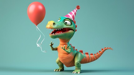 A whimsical dinosaur celebrates with a red balloon and a festive party hat, its playful expression bringing joy to any birthday or special occasion, isolated on white background