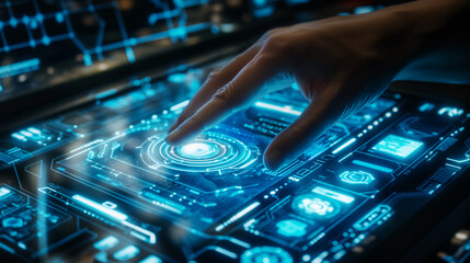 Futuristic touchscreen interface with holographic display