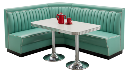 Retro diner booth with coffee pot and mug evokes nostalgic charm