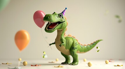 Fototapeta premium A cheerful green dinosaur celebrates with balloons and a party hat, bringing joy to any birthday or special occasion, its playful expression is adorable, isolated on white background