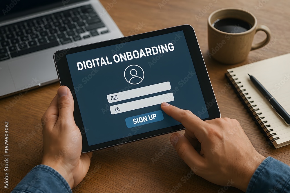Poster digital onboarding: a person interacts with a tablet interface, showcasing a digital onboarding scre