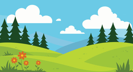 Obraz premium Cartoon green landscape with hills, pine trees, flowers, bright sky, outdoor nature scene, vector illustration, peaceful forest view, flat design