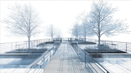 Obraz premium Bare trees line boardwalk above water, rendered in cool, light, monochrome tones