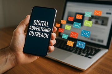 A hand holds a smartphone with DIGITAL ADVERTISING OUTREACH on the screen, symbolizing modern marketing, with virtual emails streaming from a laptop in the background.