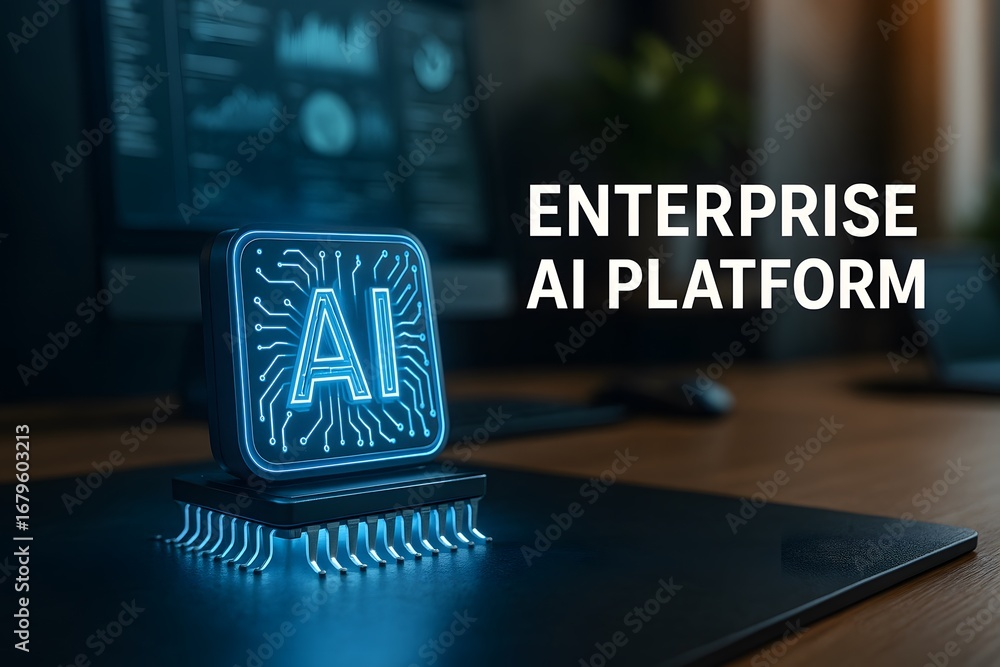 Poster a digital rendering showcases the advanced concept of an ai enterprise platform with a futuristic gl