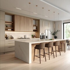 modernminimalist kitchen with classic elements clean lines and natural wood accents Sahara beige and warm brown tones elegant cabinetry soft lighting open spa
