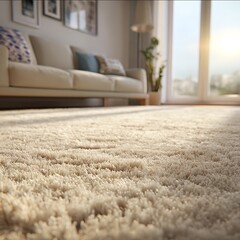 Realistic closeup a thick beige fluffy carpet in a creamy cooltoned living room Bright sunlight illuminates the dust particles in the air and an irregular 5 c