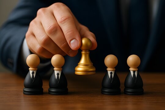 A strategic leader selects a golden pawn, symbolizing key decision-making in a business context.