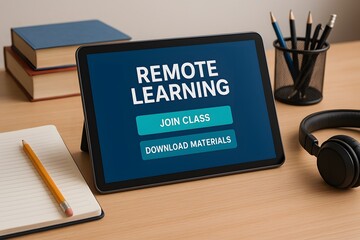 A modern tablet displaying a remote learning interface, complemented by essential study tools.