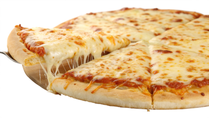 Extra cheese pizza with gooey melted mozzarella covering the crust, white background, no text