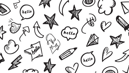 Fototapeta premium Hand Drawn Doodle Pattern with Stars Hearts Arrows and Speech Bubbles Creative Background Black and White Design