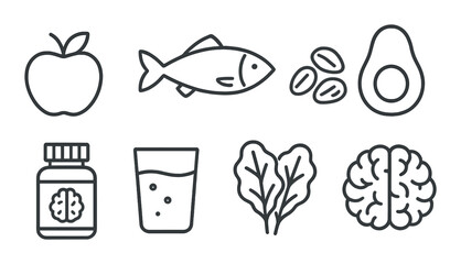 Healthy foods for brain health: apple, fish, nuts, avocado, vitamins, water, leafy greens