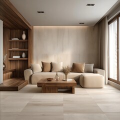 an interior design with a rustic minimalist feel Light beigeTravertine floor wood finish to be walnut Beige fabric sofa