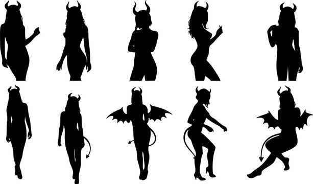 Vector of beautiful cute sexy devil women silhouettes isolated, Transparent background PNG, cutout	
